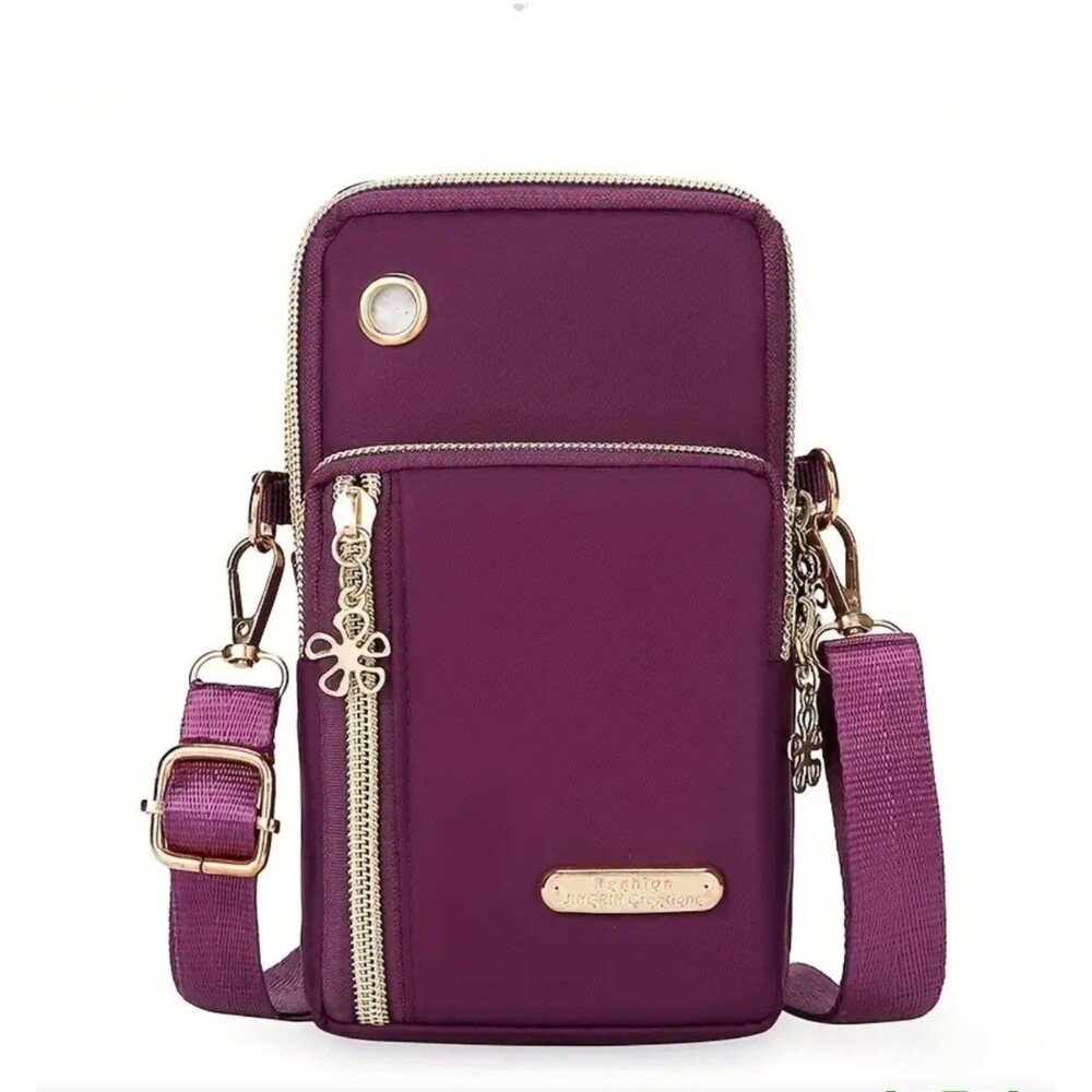 Cute‎ purple crossbody bag with multiple gold zipper pockets